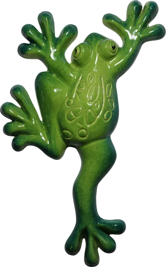 Glossy green ceramic frog in a climbing pose, legs spread wide, with a patterned back