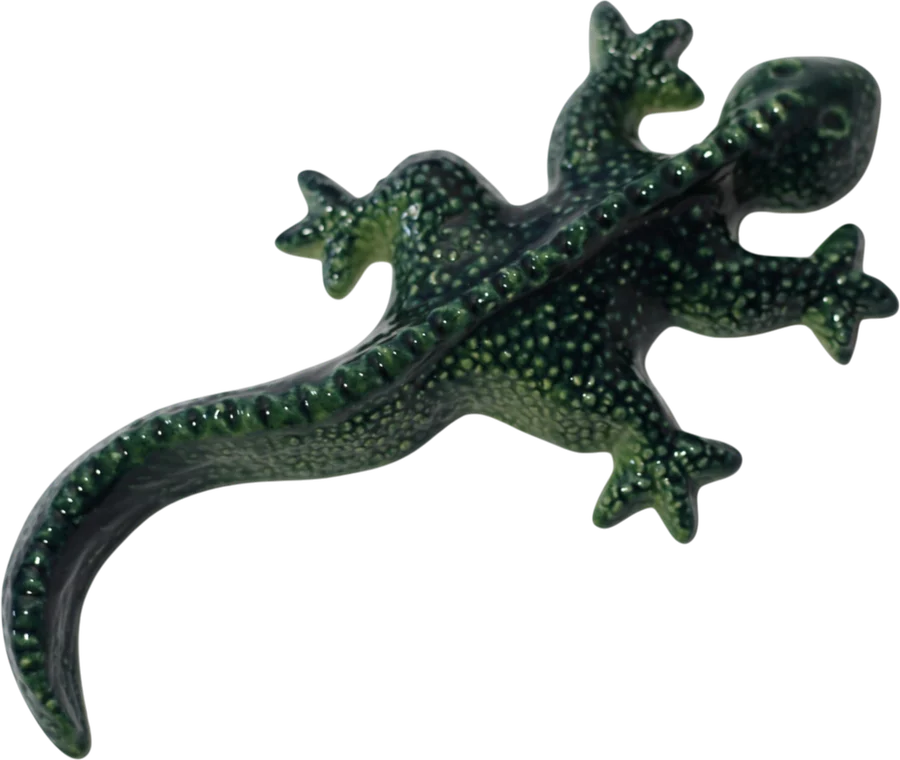 Dark green ceramic gecko with a speckled, beaded texture
